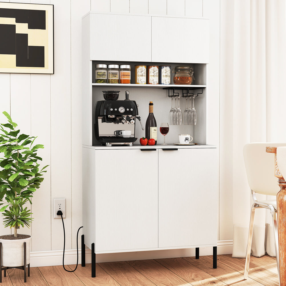 64.5 Inches Tall Kitchen Pantry Cabinet with Charging Station and Wine Glass Rack-White - Gallery View 1 of 11