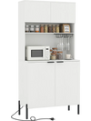 Tall white kitchen pantry cabinet with charging station, wine glass rack, and ample storage space for utensils and.