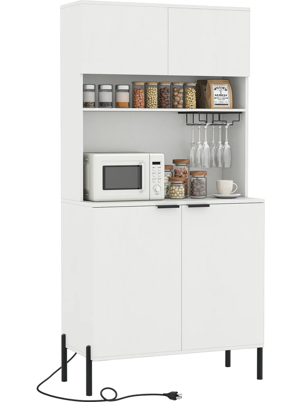 Tall white kitchen pantry cabinet with charging station, wine glass rack, and ample storage space for utensils and.