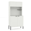 Tall white kitchen pantry cabinet with charging station, wine glass rack, and adjustable shelves for versatile storage.