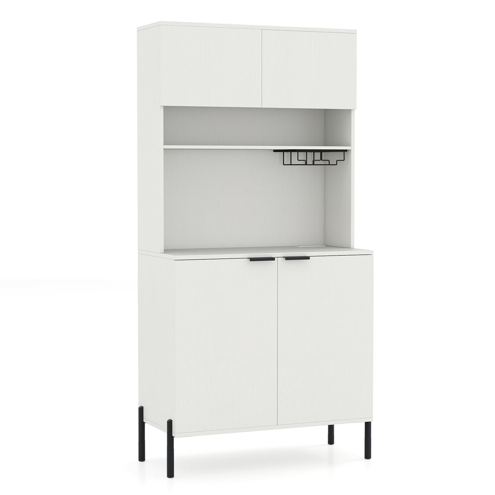 Tall white kitchen pantry cabinet with charging station, wine glass rack, and adjustable shelves for versatile storage.
