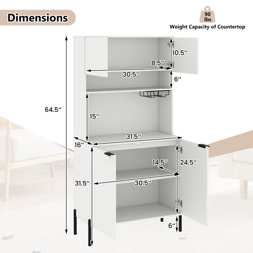 Dimensions of the 64.5-inch tall white kitchen pantry cabinet with charging station and wine glass rack for organized.