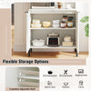 Kitchen pantry cabinet with adjustable shelves, wine glass rack, and recessed power strip for versatile storage.