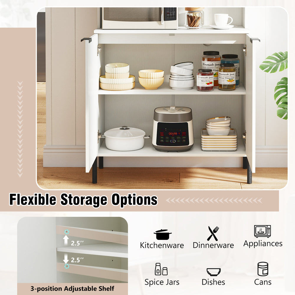 Kitchen pantry cabinet with adjustable shelves, wine glass rack, and recessed power strip for versatile storage.