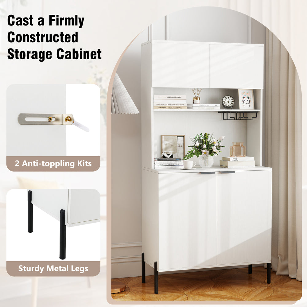 64.5-inch tall white kitchen pantry cabinet with charging station, wine glass rack, and sturdy metal legs for stable.