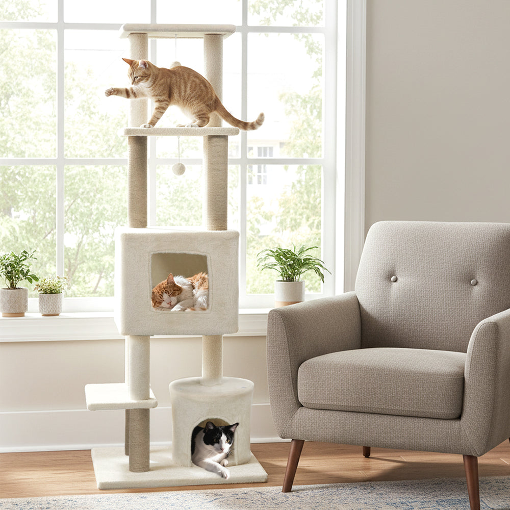 64 Inch Tall Cat Tree with 2 Large Condos and Jute Scratching Posts for Indoor Adult Cats-Beige - Gallery View 1 of 10