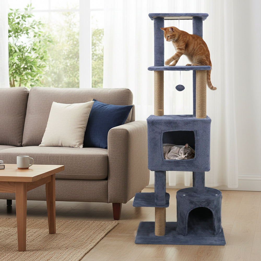 Tall dark grey cat tree with two condos, climbing platforms, and jute scratching posts for indoor adult cats.