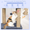 Cat tree featuring natural jute scratching posts, dark grey plush fabric, and two large condos for indoor adult cats.