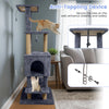 64-inch tall dark grey cat tree featuring 2 large condos, jute scratching posts, and plush surfaces for indoor cats.
