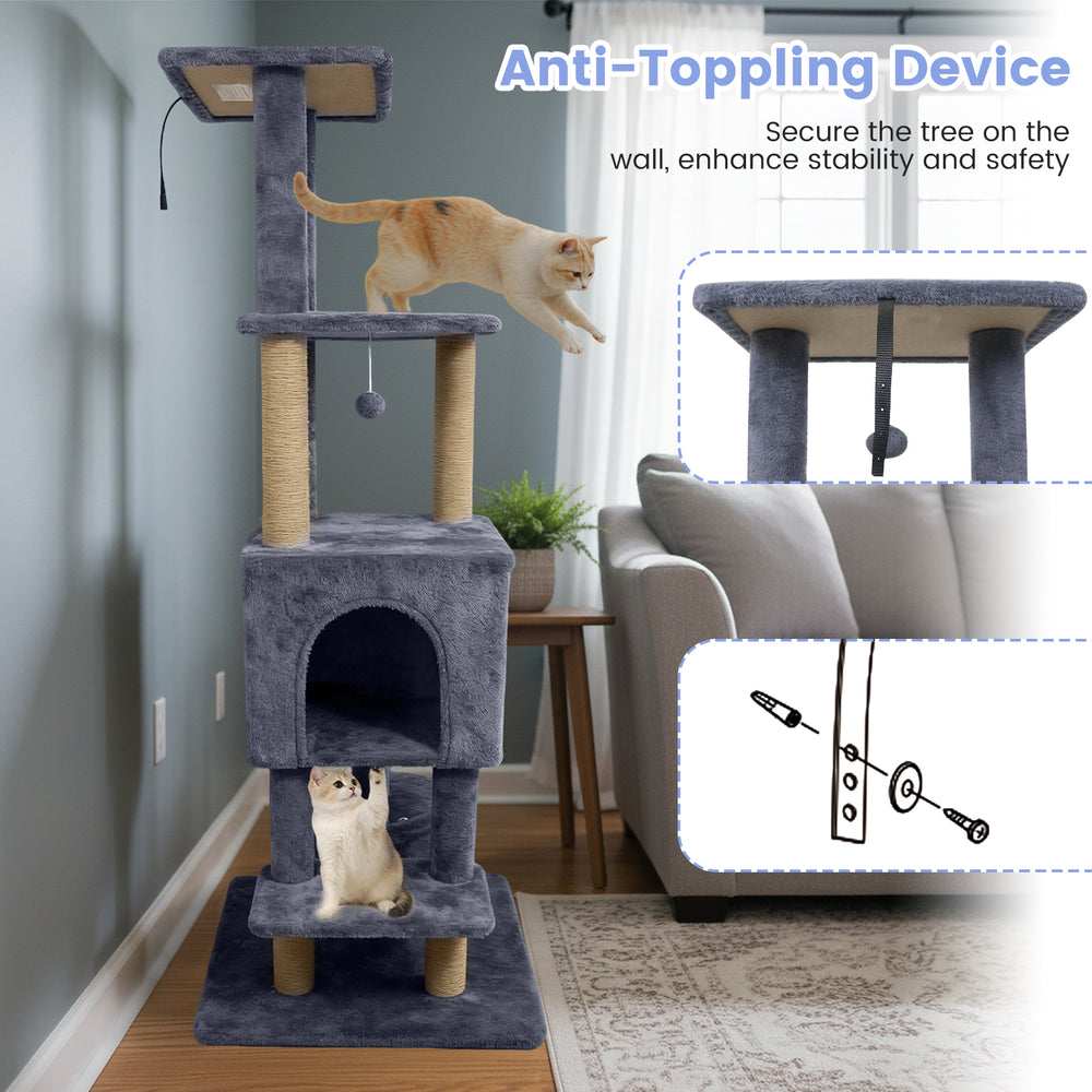 64-inch tall dark grey cat tree featuring 2 large condos, jute scratching posts, and plush surfaces for indoor cats.