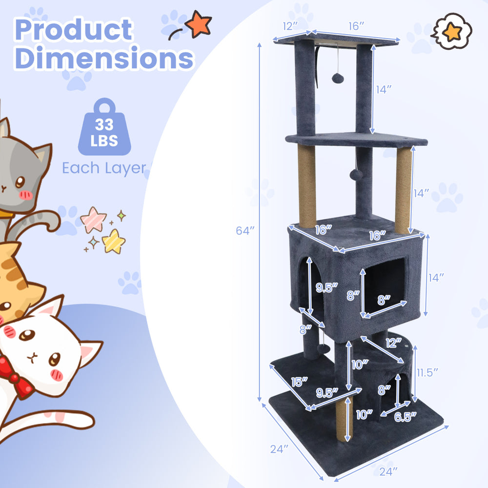 64-inch tall dark grey cat tree with 2 large condos, jute scratching posts, and multiple platforms for indoor cats.