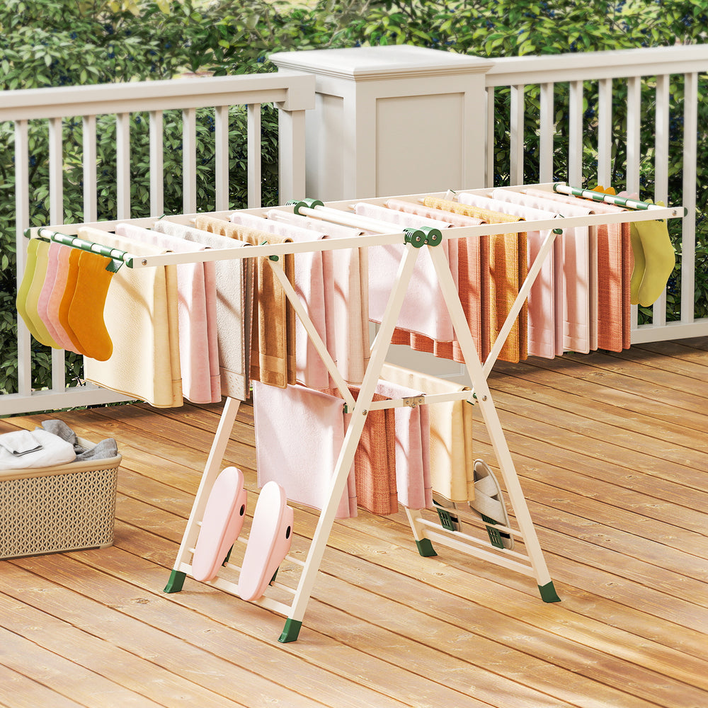 Clothes drying rack with height adjustable wings, beige, featuring top and bottom drying areas for efficient laundry.