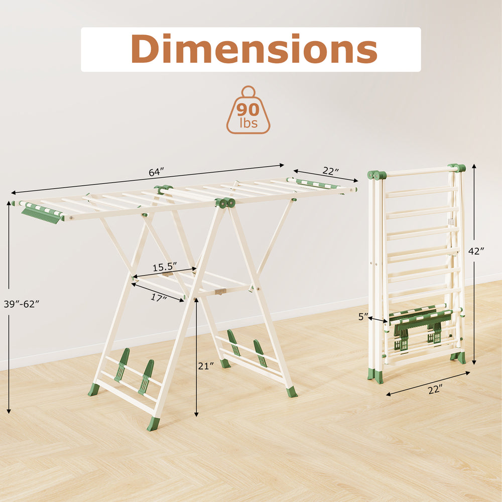 Height adjustable 64-inch clothes drying rack in beige with dimensions, featuring top and bottom drying areas for.
