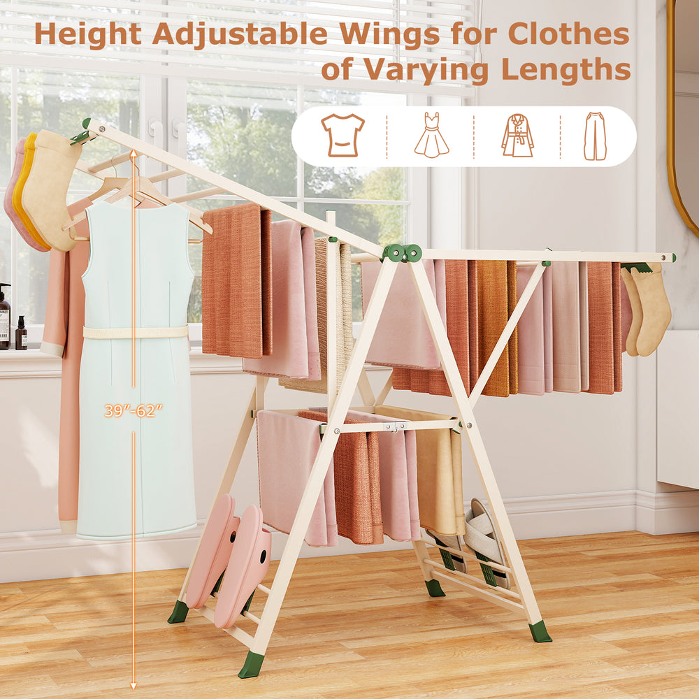 Height adjustable clothes drying rack in beige with top and bottom drying areas, ideal for laundry room or patio use.