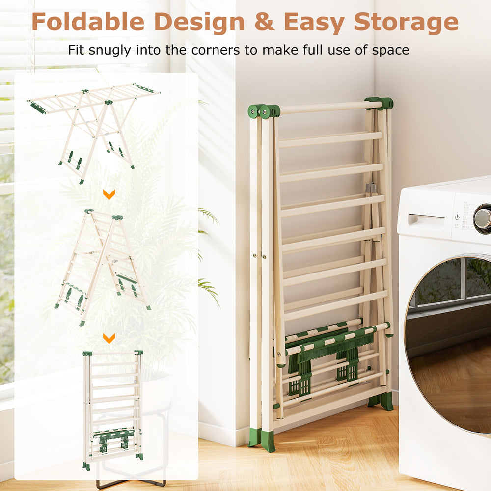 64-inch beige clothes drying rack with height adjustable wings, featuring a foldable design for easy storage and.