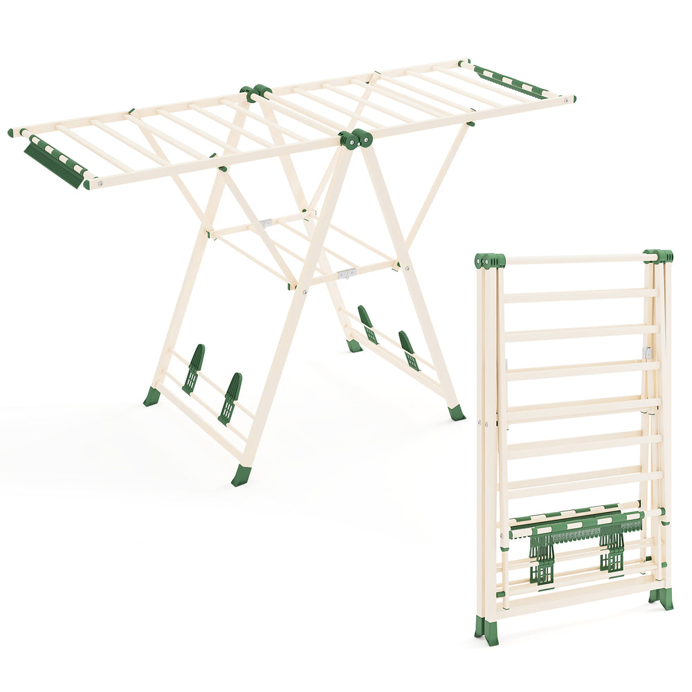 64-inch clothes drying rack in beige with height adjustable wings, ideal for laundry room, patio, or balcony use.