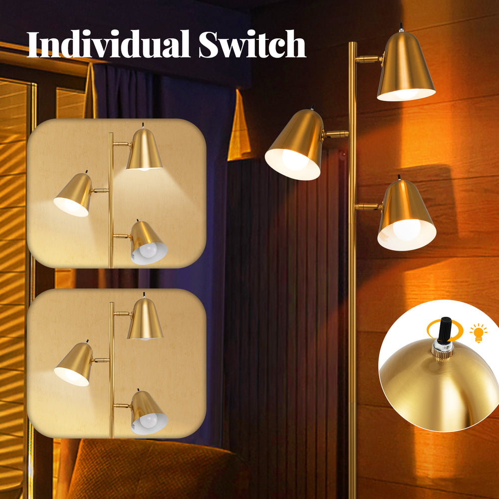 64-inch golden 3-light LED floor lamp with individual switches and 360° rotatable lampshades for versatile lighting.