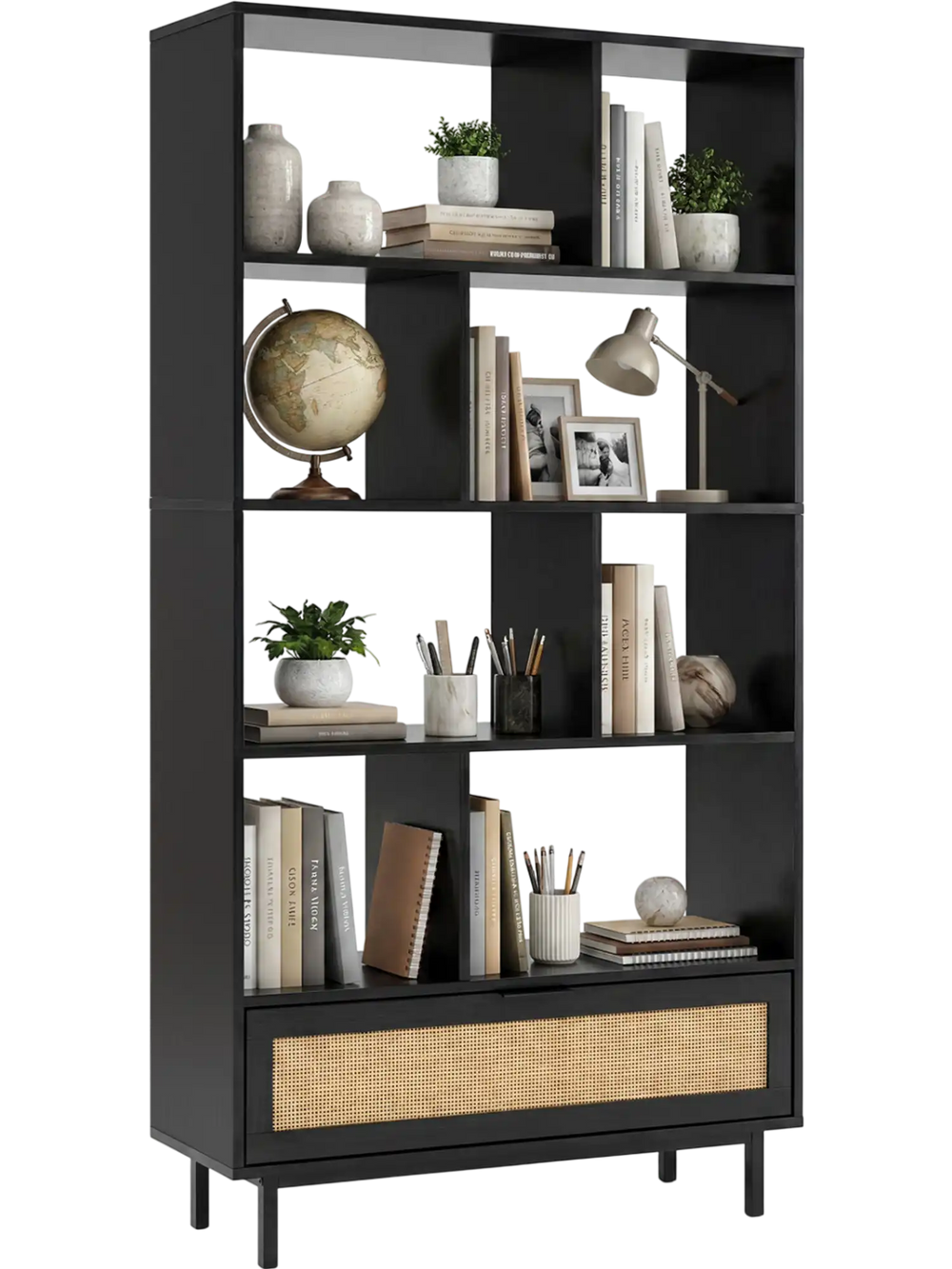 64" tall wooden bookcase featuring 8 open cubes and a rattan drawer, perfect for living room or home office storage.