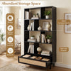 64" tall wooden bookcase featuring 8 open cubes and a rattan pull-out drawer, perfect for living room or home office.
