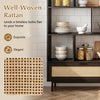 64" tall wooden bookcase featuring 8 open cubes, rattan drawer, and metal legs for elegant home storage and display.