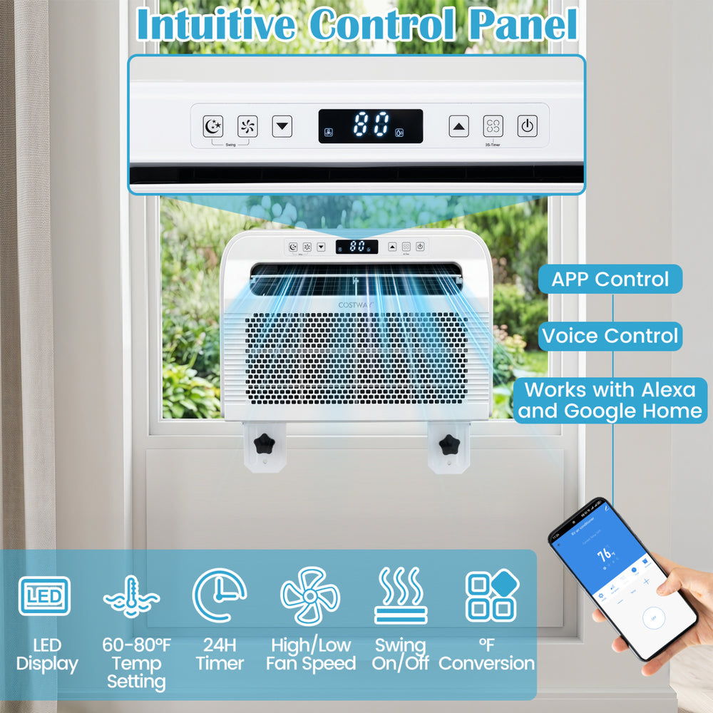 6500 BTU window AC unit with WiFi control, LED display, and quiet operation, ideal for spaces up to 120 sq.ft.