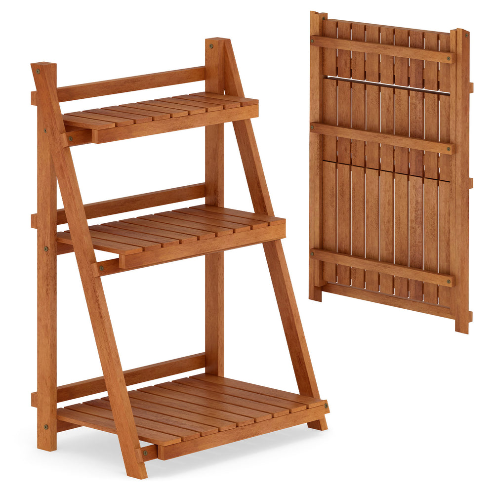 Foldable 3-tier solid wood plant stand with slatted shelves for optimal sunlight, perfect for patio or balcony use.