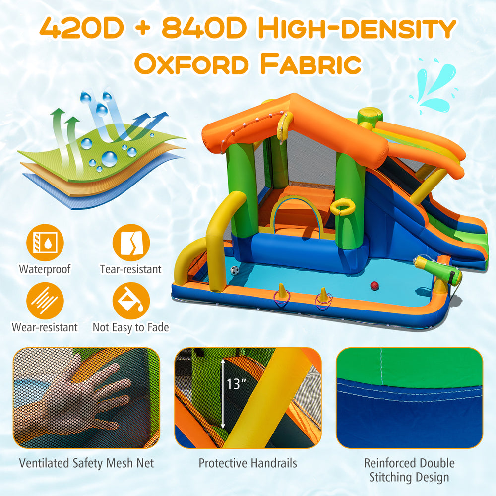 Inflatable bounce house water park with slide, made of durable 420D and 840D Oxford fabric, perfect for summer fun.