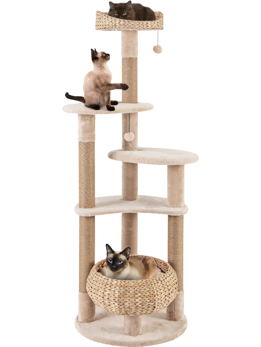 Multi-level 59-inch beige cat tree with perch, hammock, and sisal scratching posts for indoor cats.
