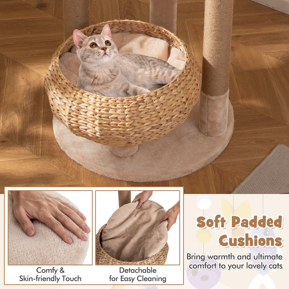 Soft padded hammock on a 59-inch beige cat tree, perfect for indoor cats to relax and nap comfortably.