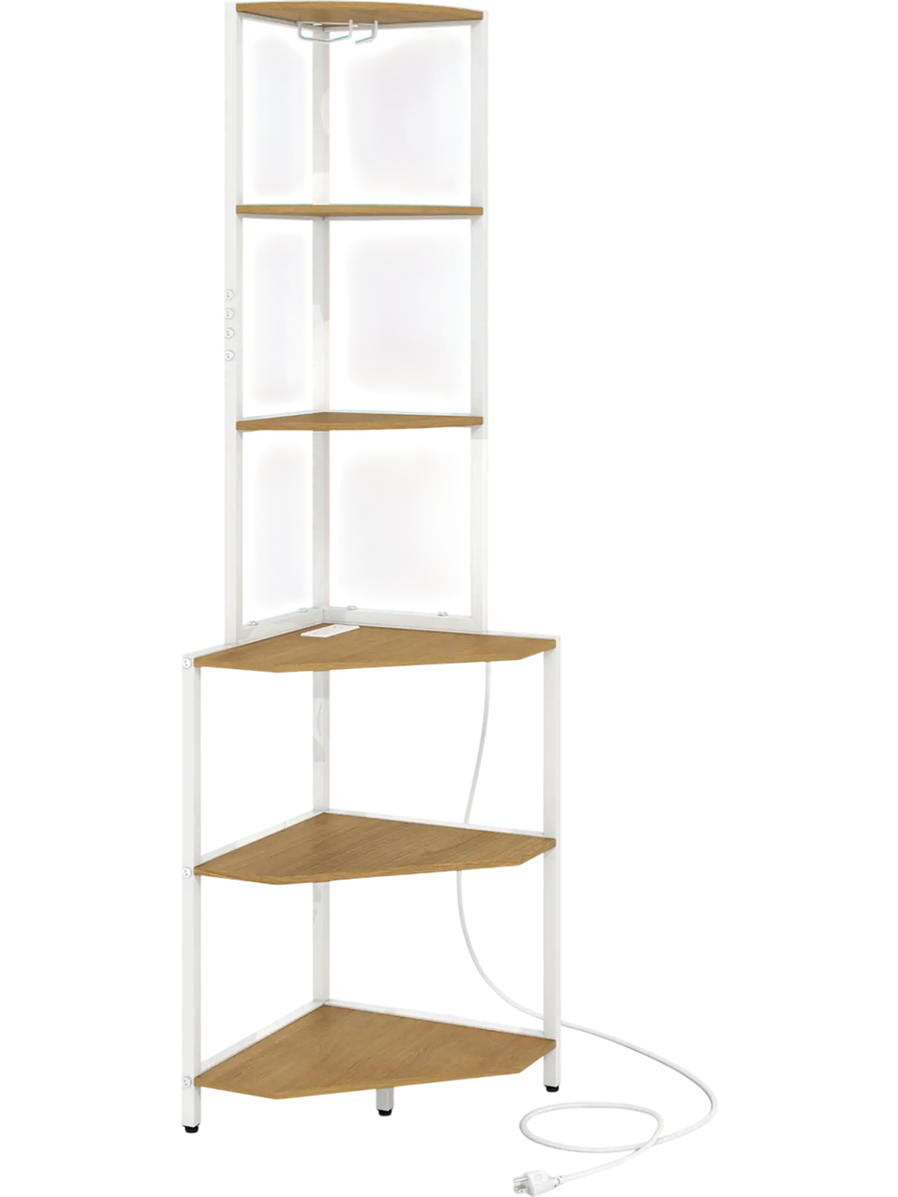 6-tier corner shelf with natural wood finish, built-in charging station, and adjustable LED lighting for personalized ambience.