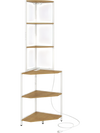 6-tier corner shelf with natural wood finish, built-in charging station, and adjustable LED lighting for personalized ambience.
