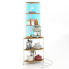 6-tier corner shelf with a natural finish, built-in charging station, and adjustable LED lighting for versatile storage.