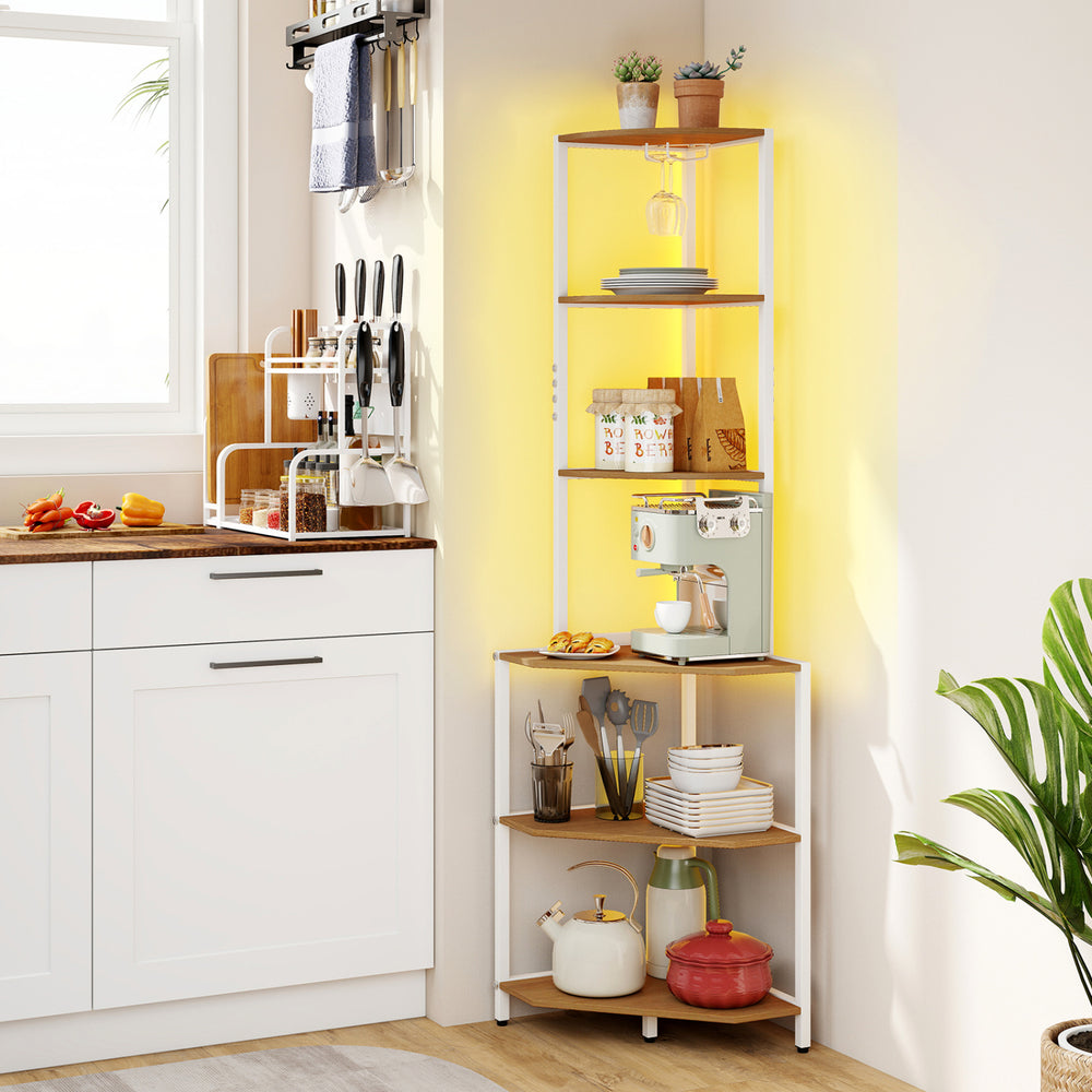 65 Inch 6-Tier Corner Shelf with Charging Station and Ambience Light-Natural - Gallery View 1 of 10