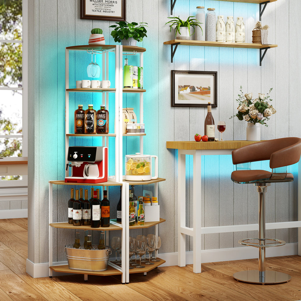 65-inch 6-tier corner shelf with adjustable LED lighting, built-in charging station, and sturdy metal frame for storage.