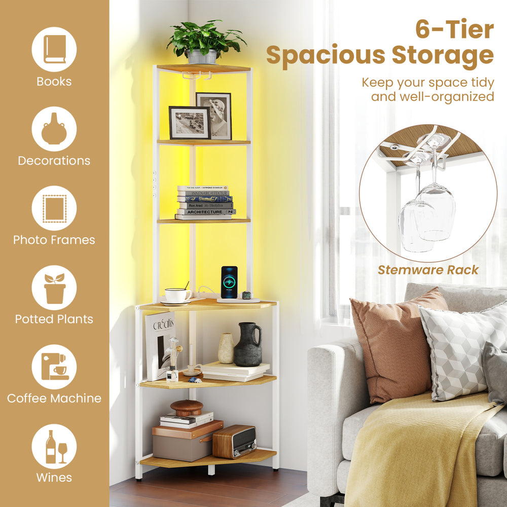 65-inch 6-tier corner shelf with adjustable LED lighting, charging station, and stemware rack for efficient storage.