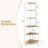 Dimensions of the 65-inch 6-tier corner shelf with charging station and ambience light, featuring a natural wood finish.
