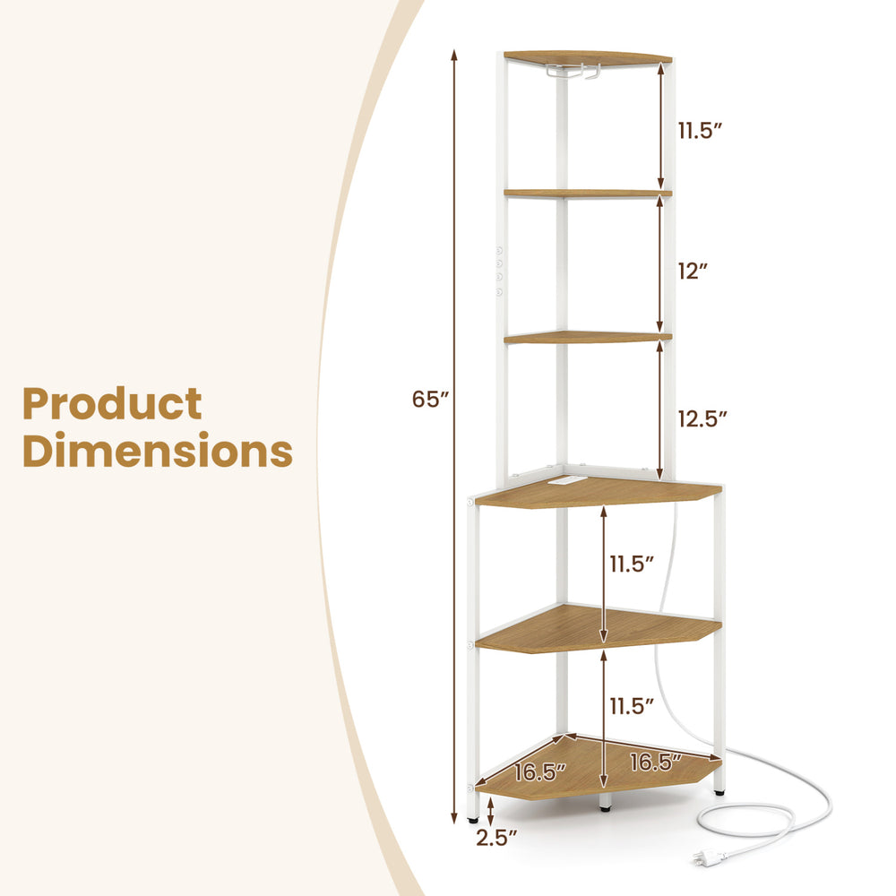 Dimensions of the 65-inch 6-tier corner shelf with charging station and ambience light, featuring a natural wood finish.