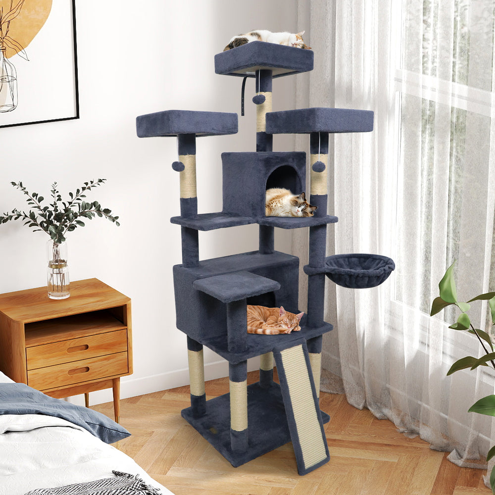 65 Inch Tall Multi-level Cat Tree with 3 Upholstered Perch and 2 Cat Condos-Dark Gray - Gallery View 1 of 11