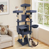 Multi-level 65-inch tall dark gray cat tree with 3 upholstered perches, 2 condos, and scratching posts for active play.