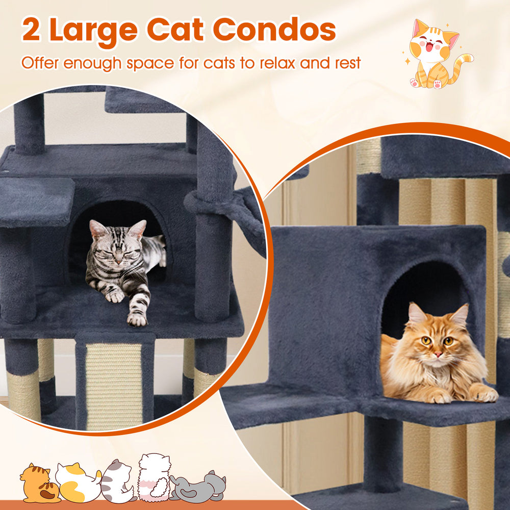 Multi-level cat tree with 2 large condos, 3 upholstered perches, and scratching posts for active play and relaxation.