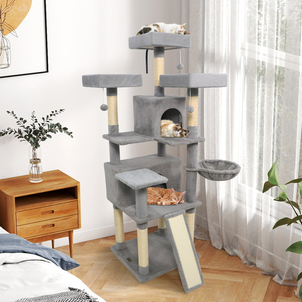 65 Inch Tall Multi-level Cat Tree with 3 Upholstered Perch and 2 Cat Condos-Light Gray - Gallery View 1 of 11