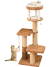 Tall 65-inch cat tree in coffee color with removable bed, self-groomer, and multiple scratching posts for feline fun.