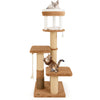 Cat tree with two large platforms, self-groomer, and removable bed in coffee color for feline relaxation and play.