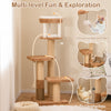 Multi-level 65-inch cat tree in coffee with padded platforms, self-groomer, and interactive ball for feline fun.