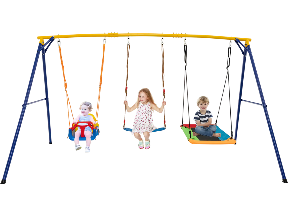Heavy-duty carbon steel swing frame with three swings, suitable for kids aged 3-10 years, ideal for backyard fun.