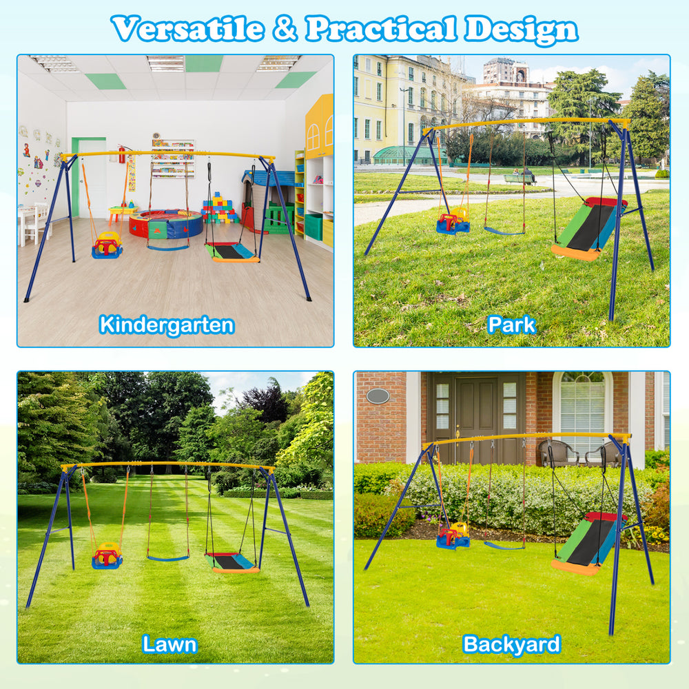 Heavy-duty carbon steel swing frame with three swings, designed for kids aged 3-10, ideal for backyard or park use.