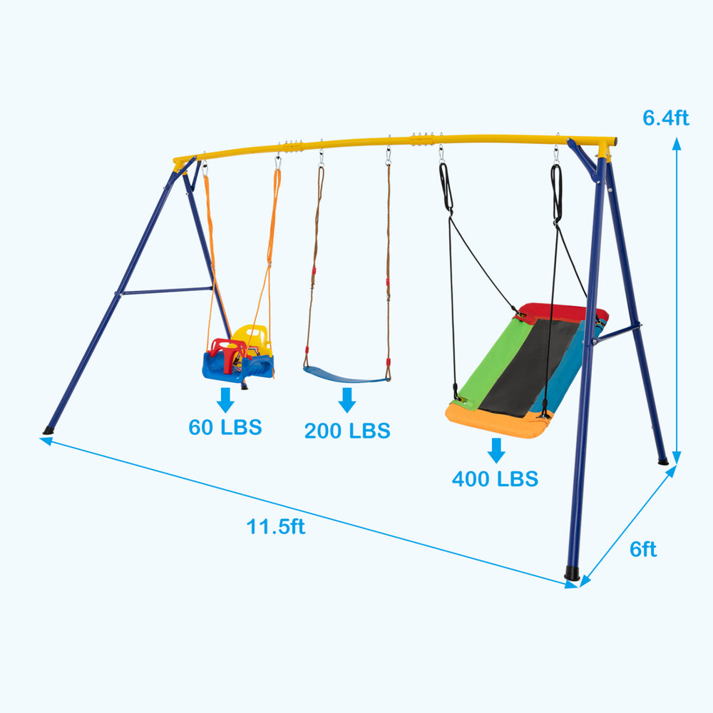 Dimensions of the heavy-duty swing frame showcasing swing capacities, ideal for kids aged 3-10 in various outdoor.