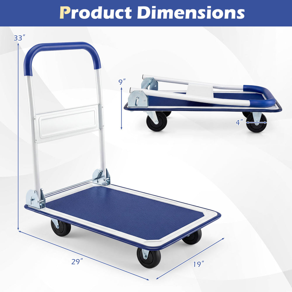 Folding platform cart dolly with a black vinyl body, 660lbs capacity, featuring a foldable handle and swivel wheels.