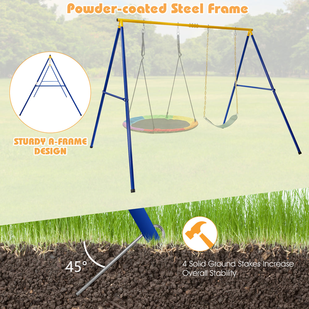 A-frame swing stand in yellow with powder-coated steel, supports 660 lbs, includes anti-slip footpads for stability.