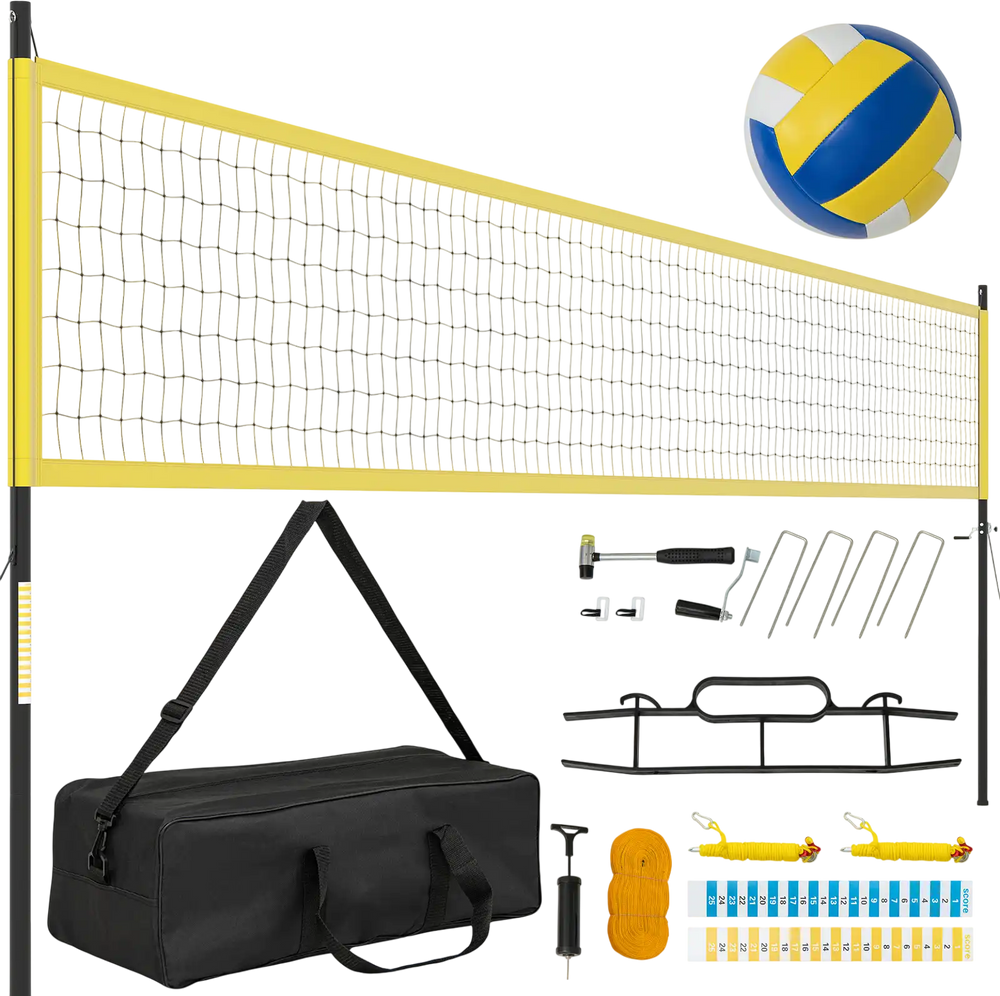 Portable outdoor volleyball net set in yellow with adjustable poles, carrying bag, and accessories for easy setup.